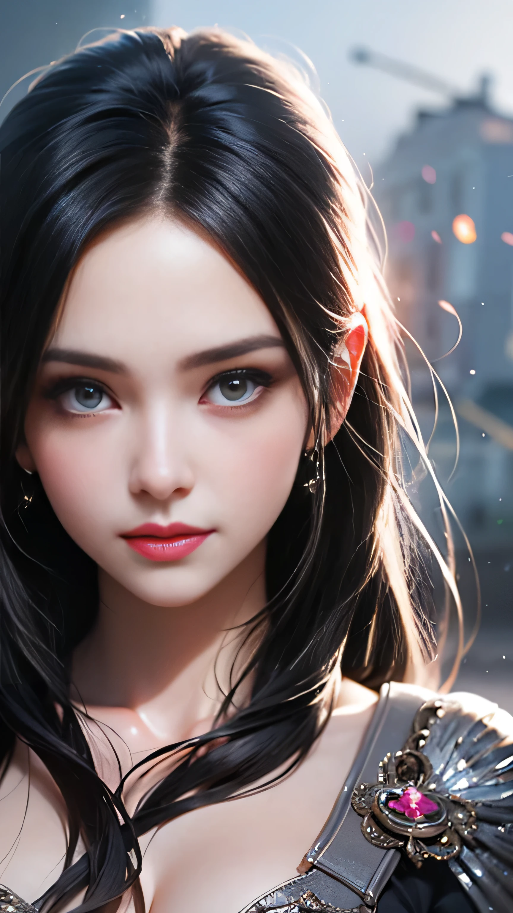 Highest quality, Best image quality, RAW Photos, Realistic, Photorealistic, Very detailed and beautiful, Best details, One Girl, good looking, Beautiful white skin and glow, Beautiful eyes are big and bright, Small mouth and thin lips, Long black hair blowing in the wind, Stylish and slim, (Beautiful big boobs:1.3), She has a bright personality and a cute smile......, Natural Makeup, Pearl Pink Lips, (Medieval Fantasy Dress、Shining Crown) Portrait of a pretty girl, A beautiful girl illuminated by rainbow lights, Iridescent colors,