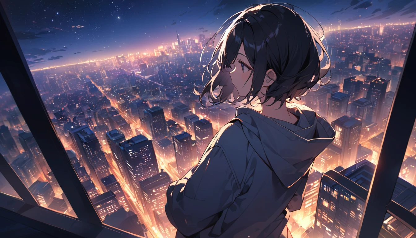 Starry Sky、Night view、City、One woman、Black Hair、Short Hair、Hair blowing in the wind、Wearing a hoodie、Back view、Full body portrait、Overlooking the city from the balcony、Angle viewed from below