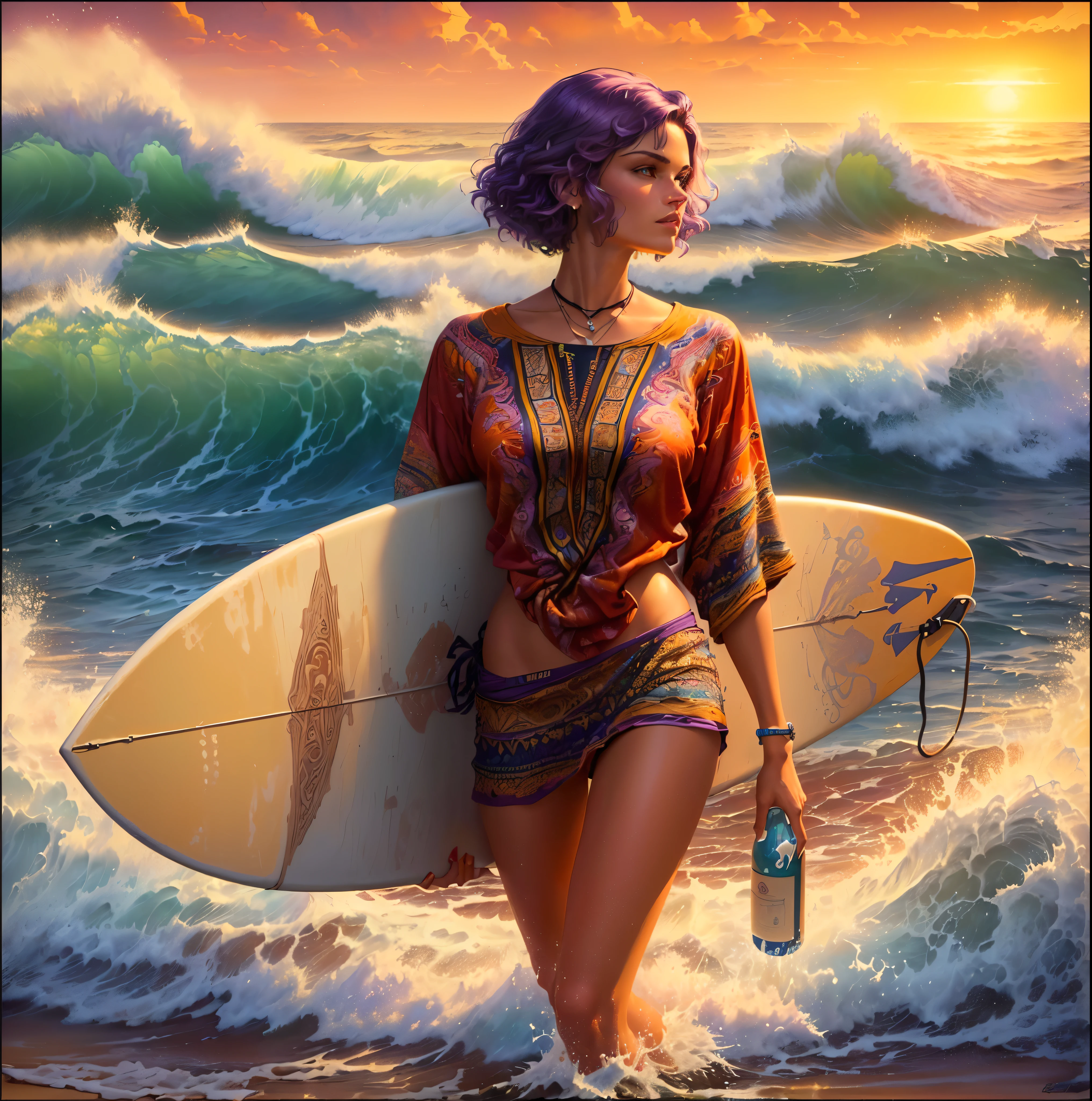 painting of a woman walking on the beach with a surfboard, style of tim hildebrandt, by Tim Hildebrandt, inspired by Tim Hildebrandt, greg hildebrandt highly detailed, casey weldon, lsd waves, by Tim and Greg Hildebrandt, michael cheval (unreal engine, by Greg Hildebrandt, 8 0's style tomasz alen kopera Imagine a painting showing a woman surfing on a board amidst the waves. The woman has Moroccan features, wearing a suitable surfing outfit with short swimming trunks and a long shirt in bright colors that match the colors of the waves. Her hair is short and dyed purple at the bottom, and she wears a ring in her nostril. As the strong waves catch the setting sun, the woman holds a bottle of wine in her hand and smokes a thin cigarette, a female cigarette. The board she is standing on stands out as a major element in the scene, emphasizing balance and dynamism.