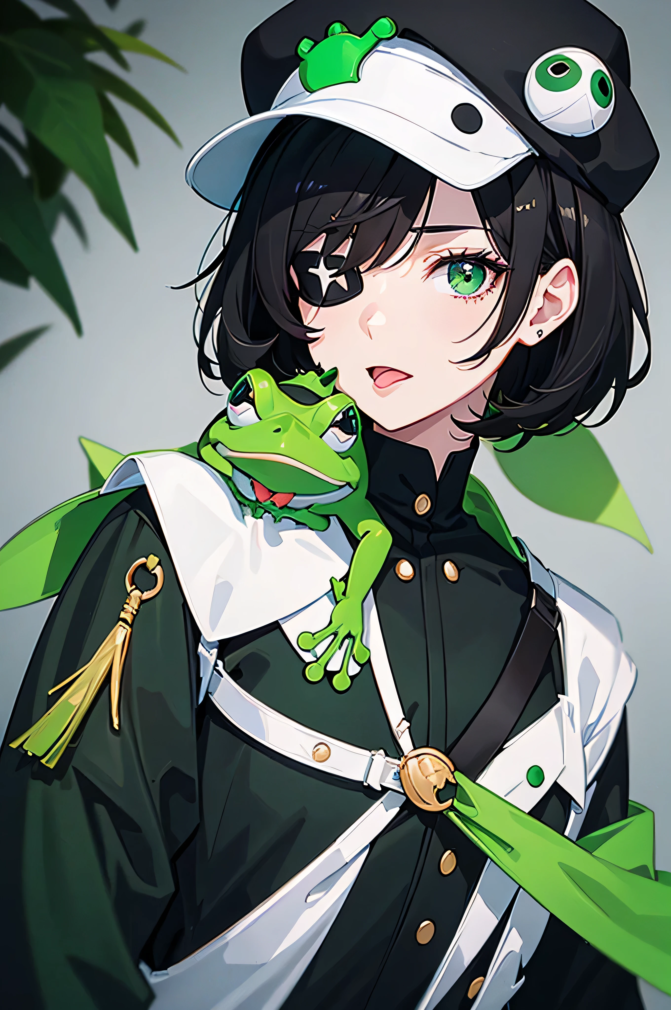 short black hair, white and black eye patch and a dark green cap with a frog showing its tongue and a green and black x-shaped blouse