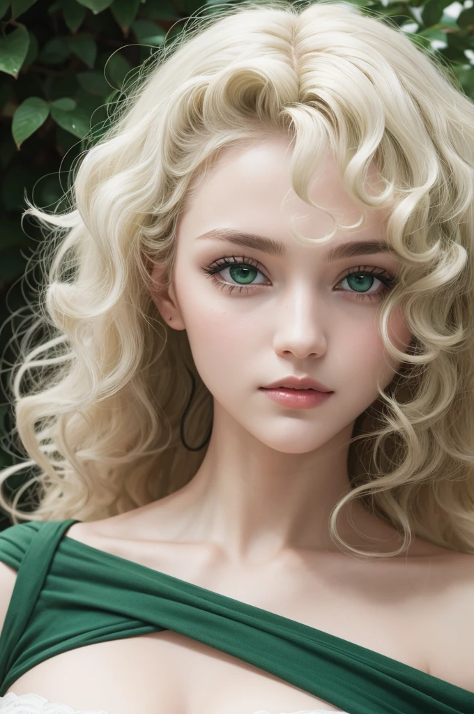 comic, a woman with curly hair, white with green eyes.