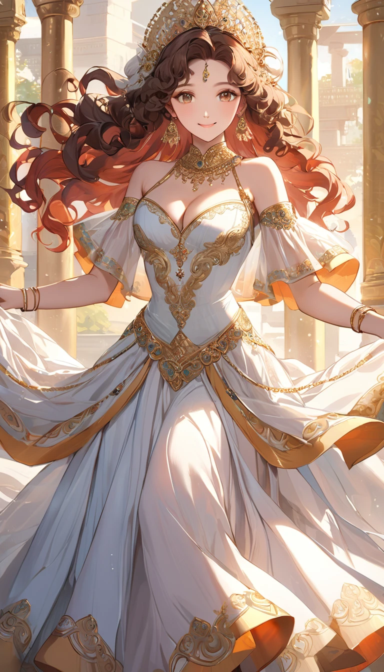 Highest quality，masterpiece，one，16 years old，Long flaxen hair，Jewelry，Hair is slightly curly，Brown curly hair，Intricate dress long dress，Exquisite hair carving，Almond Eyes，Exquisite facial features，India，classical，noble，romantic，Delicate，gentle，Smile，Holiness，Sunlight，warmth，White skin，Shari，Sense of Brokenness，cleavage，Standing，Exquisite clothes，Western Regions，There are many skirt patterns，White and tender skin，Dancer，goddess，Gods，Cinnabar mole，India神话，Hairstyle，scarf,