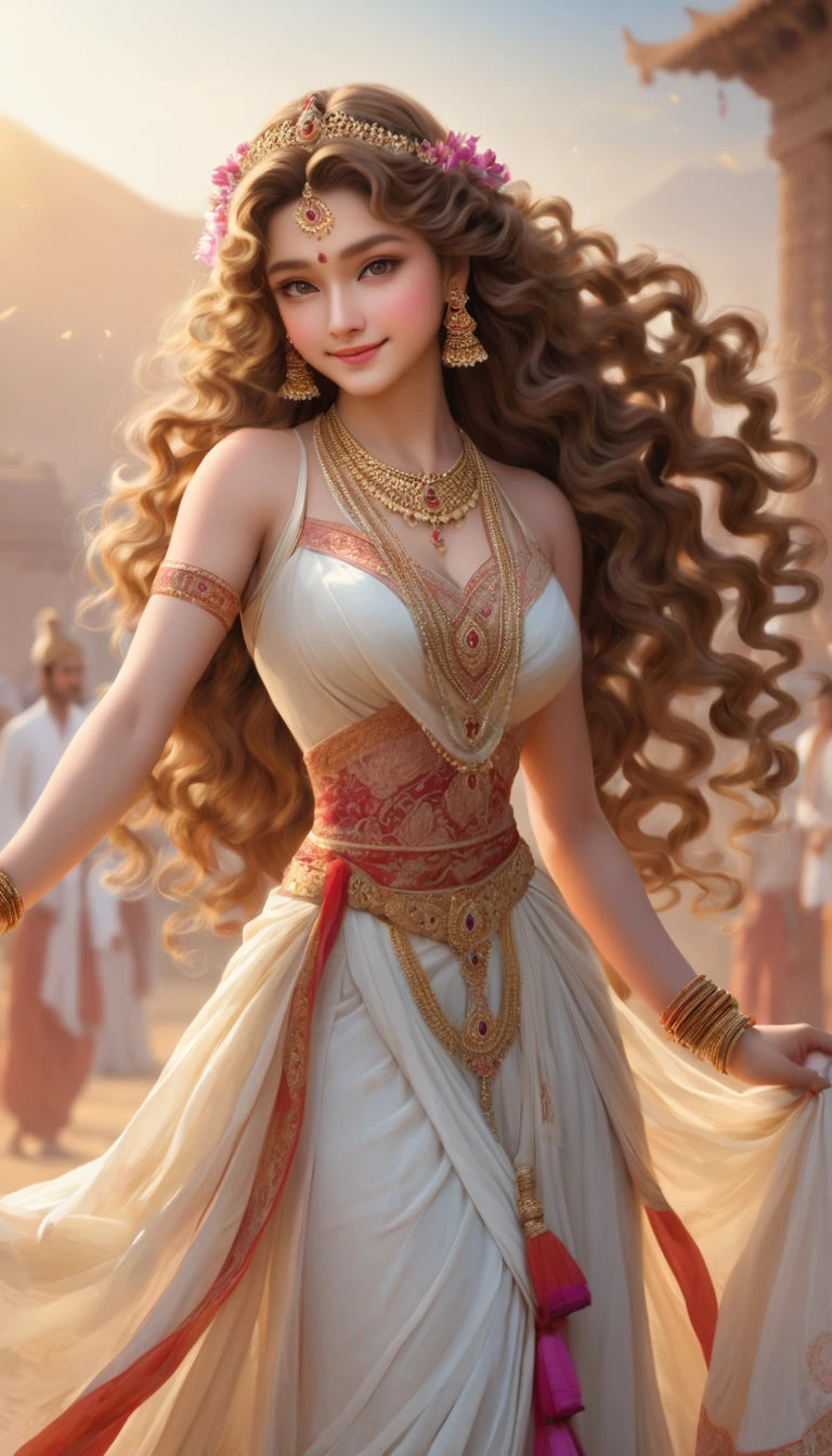 Highest quality,masterpiece,one,,Long flaxen hair,Jewelry,Hair is slightly curly,Brown curly hair,Intricate dress long dress,Exquisite hair carving,Almond Eyes,Exquisite facial features,India,classical,noble,romantic,Delicate,gentle,Smile,Holiness,Sunlight,warmth,White skin,Shari,Sense of Brokenness,cleavage,Standing,Exquisite clothes,Western Regions,There are many skirt patterns,White and tender skin,Dancer,goddess,Gods,Cinnabar mole,India神话,Hairstyle,scarf,