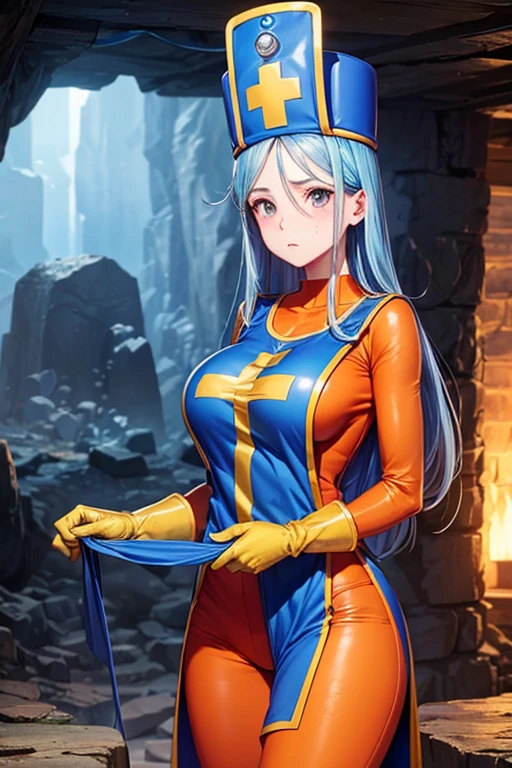 masterpiece, Highest quality,  Unreal Engine,  Super Resolution,  Very detailed, 

Beautiful woman, Dragon Quest Female Monk, long sky blue hair, Blue priest hat, Orange bodysuit, (((Bullterbird:1.5))), Elbow-length gloves, Vivid expression, Healthy Body, Beautifully detailed sweat glands, Smooth skin texture, Carefully drawn, 

(humidity:1.5), (Hot Temperatures:1.5), Beautiful Eyes, (Attractive face:1.2), (Beautiful Skin), Tight waist, (Big Breasts), Round Breasts, (Sticky with sweat), Irresistibly sexy pose, 

In the world of Dragon Quest, (Inside the cave where you can see magma), 