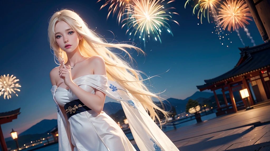 8k,Beautiful woman，White-blonde hair，Shortcuts，Blue Eyes，Summer Nights in Japan，firework，Less revealing costumes