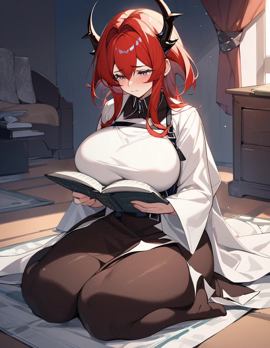 Surtr(Arknights),red hair,curvy body,fully naked,wears hijab,big breast,nipples, lactating,nsfw,praying in bedroom,sitting on a prayer mat,very wet body,crying,teary eyes,reading Qur'an(book).