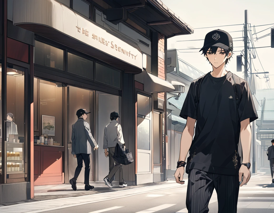 Japan young men,Wearing a black baseball cap,In front of the station,Walking on the sidewalk, Passersby, The finer details, Subtle tone, There is a sense of serenity in the photo.  