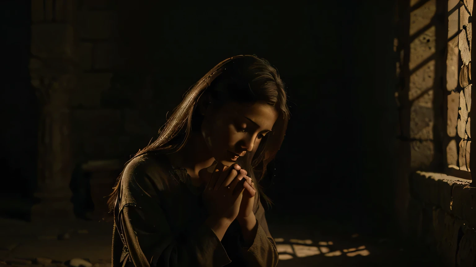 A sad, beautiful girl praying on her knees,crying,with blue eyes,wearing old,worn brown clothes,in front of ancient stone walls from the 1st century AD,dramatic poor lighting,(best quality,8k,highres,masterpiece:1.2),ultra-detailed,(realistic,photorealistic,photo-realistic:1.37),hyperrealistic,dramatic mood,melancholic,chiaroscuro lighting,emotive,emotional,religious,spiritual,moody,somber,cinematic,digital painting