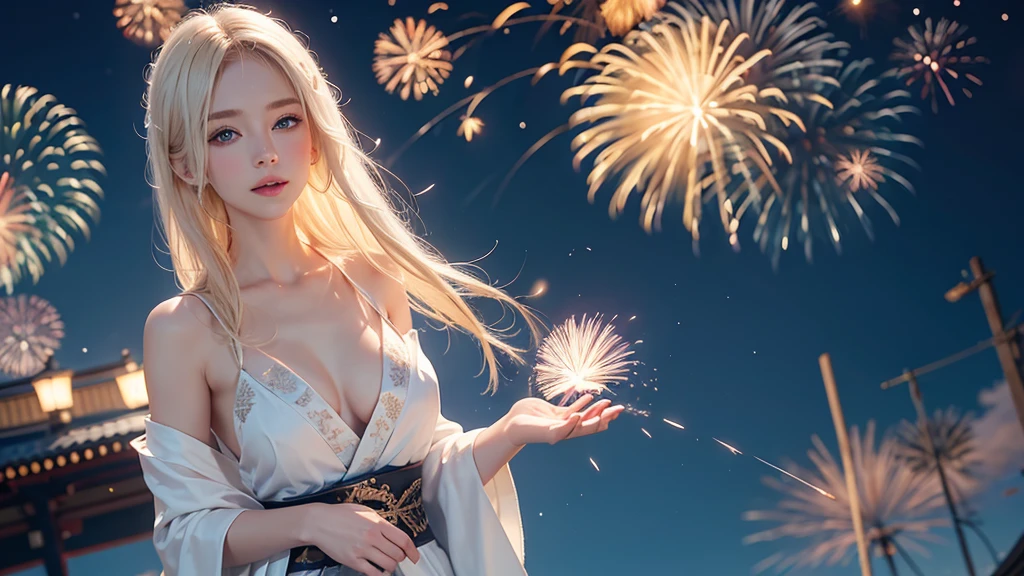 8k,Beautiful woman，White-blonde hair，Shortcuts，Blue Eyes，Summer Nights in Japan，firework，Less revealing costumes
