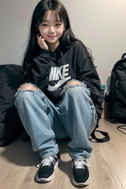 A happy Korean Girl in her room, with a Shirt, a black sweatshirt, a pair of blue jeans, black shoes with the Nike brand and a black backpack posing for a photo