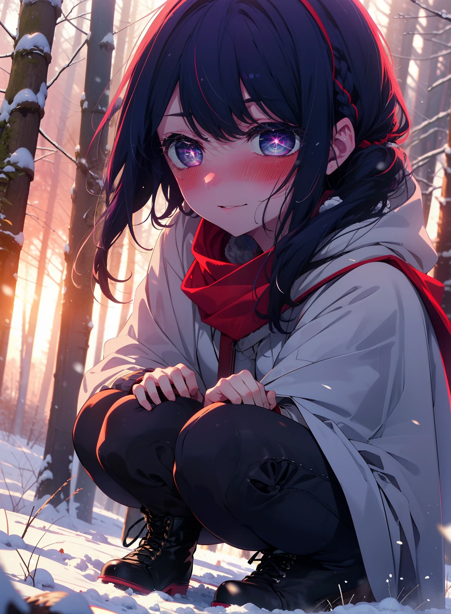 aihoshino, Ai Hoshino, Long Hair, bangs, (Purple eyes:1.1), Purple Hair, (Symbol-shaped pupil:1.5), smile,,smile,blush,white breath,
Open your mouth,snow,Ground bonfire, Outdoor, boots, snowing, From the side, wood, suitcase, Cape, Blurred, , forest, White handbag, nature,  Squat, Mouth closed, Cape, winter, Written boundary depth, Black shoes, red Cape break looking at viewer, Upper Body, whole body, break Outdoor, forest, nature, break (masterpiece:1.2), Highest quality, High resolution, unity 8k wallpaper, (shape:0.8), (Beautiful and beautiful eyes:1.6), Highly detailed face, Perfect lighting, Extremely detailed CG, (Perfect hands, Perfect Anatomy),