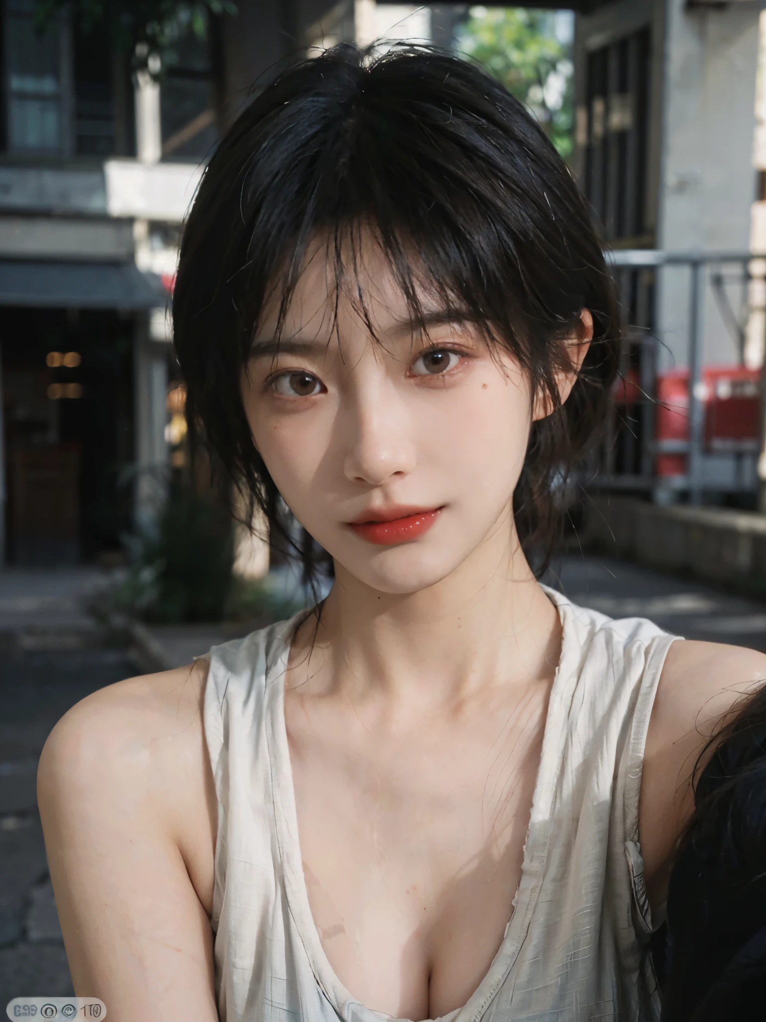 (Skin details:1.4), (smooth skin textures:1.3), （Upper body：1.4），（Upper Body：1.3）Lipstick, background, earrings, serene, calm, (Realistic and detailed eyes：1.2）, Natural skin texture, Realistic facial details, Soft dramatic lighting, Vivid details, 35 mm film, outdoor, (Photo Practical:1.4), (hyper Practical:1.4), (Practical:1.3), (Smoother lighting:1.05), (Improve lighting quality:0.9), (Highest quality real skin textures:1.4), Exquisite eyes, Delicate face, Close-up of face, (Enhance the beauty of skin texture:1.1), Hair details,（Large Breasts：1.3）normal body ratio, short hair, Moles under the eyes, A faint smile,Portrait Photography, Depth of Field, Bokeh, Surrealism, Ray Tracing, (Portrait Photography:1.1), Surrealism, High Detail, Chiaroscuro, Ray Tracing, reflected light, Ultra HD, Ultra HD, masterpiece, Textured Skin, Super Detail, High Detail, high quality, best quality