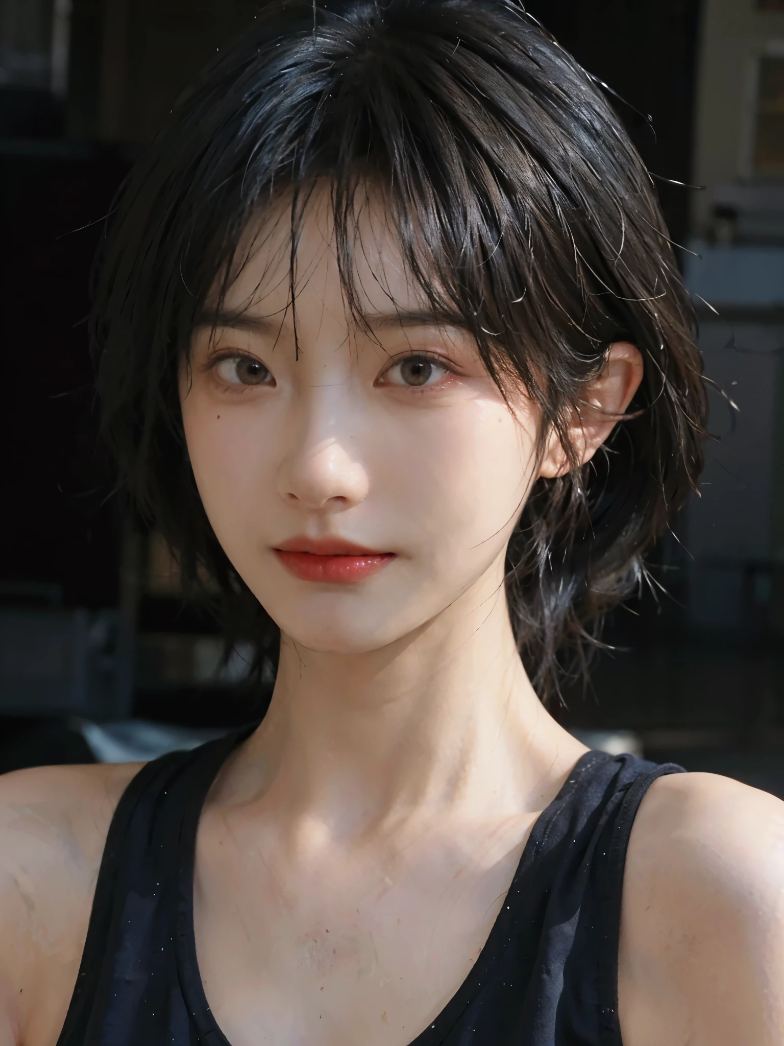 (Skin details:1.4), (smooth skin textures:1.3), (Upper body:1.4),(Upper Body:1.3)Lipstick, background, earrings, serene, calm, (Realistic and detailed eyes:1.2), Natural skin texture, Realistic facial details, Soft dramatic lighting, Vivid details, 35 mm film, outdoor, (Photo Practical:1.4), (hyper Practical:1.4), (Practical:1.3), (Smoother lighting:1.05), (Improve lighting quality:0.9), (Highest quality real skin textures:1.4), Exquisite eyes, Delicate face, Close-up of face, (Enhance the beauty of skin texture:1.1), Hair details,(Large Breasts:1.3)normal body ratio, short hair, Moles under the eyes, A faint smile,Portrait Photography, Depth of Field, Bokeh, Surrealism, Ray Tracing, (Portrait Photography:1.1), Surrealism, High Detail, Chiaroscuro, Ray Tracing, reflected light, Ultra HD, Ultra HD, masterpiece, Textured Skin, Super Detail, High Detail, high quality, best quality