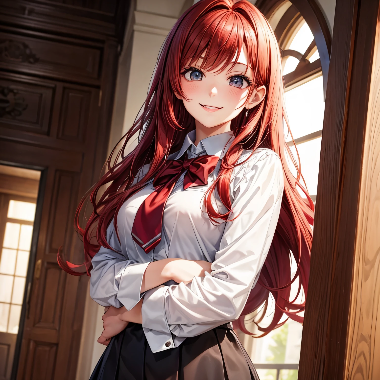 red hair and eyes, Girl, adolescent, Brown eyes , smiling, mysterious, fancy, magic academy, secretary attire