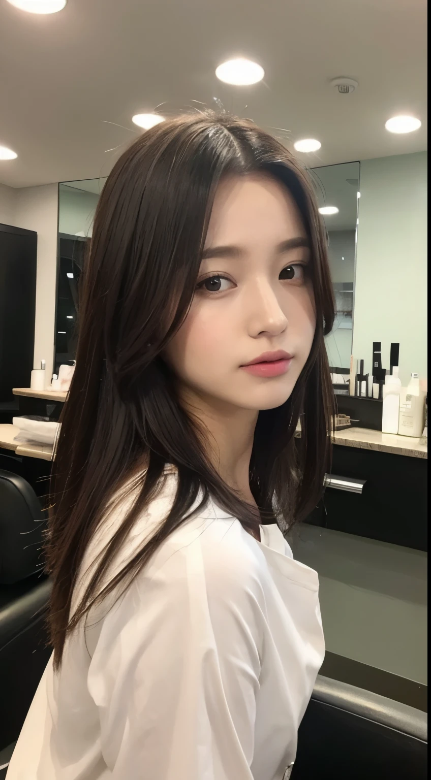 sitting on a chair in a beauty salon、After straightening、Shiny Hair、The perspective of someone standing behind、Hair is black、