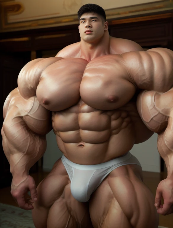 1boy, chinese, giant bodybuilder, stand, illuminating light, strong body, bulk, large size, staring, standing, in the empty room, nude, white triangular underwear, prominent bulge, extraordinary big, brutalmass, giant, muscular body, bulk, buff, massive body, large meaty body size, extremely wide body