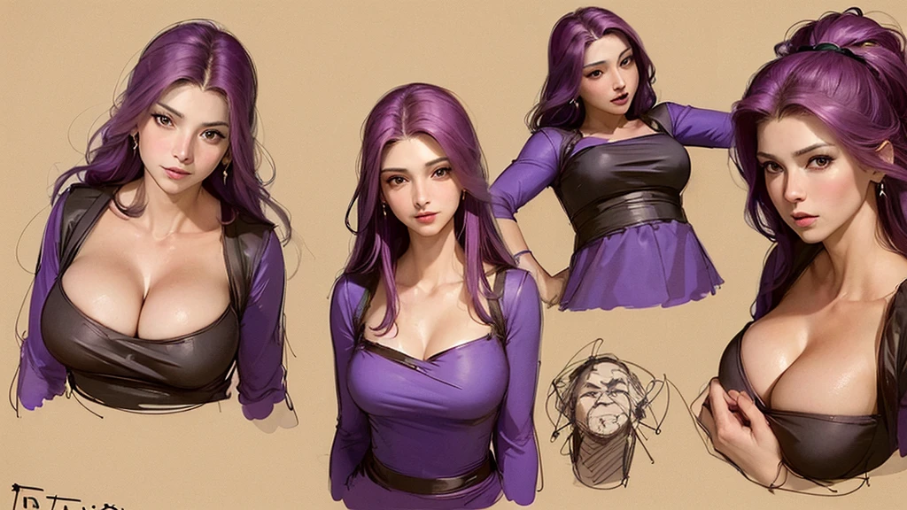 ((masterpiece)),(((Highest quality))),((Character design sheet)),((rough sketch)),((Vulgar)),Anatomically correct, A good looking human mature woman, 170cm tall, Handsome mother, sexly, 40 years old, Purple Hair, short hair, jagged hairstyle, Rin々A funny expression, Dragon Quest III Heroine's Costume, Delicate, narrow green eyes, Thick lips, Plump figure, Huge breasts, Huge Ass, Big thighs, (Clothes are tight)