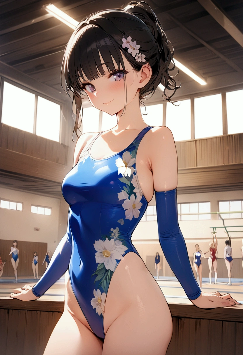 highquality illustration, masterpiece, very delicate and beautiful, attractive girl,(gymnastics leotard, Floral patterns leotard,long_sleeve leotard,high_leg leotard,athletic leotard,tight-fit leotard),thin,slender body,slim,high school,gymnasium background,gymnastics club,gymnastics athlete,princess, beautiful eyes,light smile,(masterpiece, best quality:1.2), highres, extremely detailed CG unity 8k wallpaper, perfect lighting, Colourful, ultra-high res,4K,ultra-detailed, photography, 8K, HDR, 17 ages, 