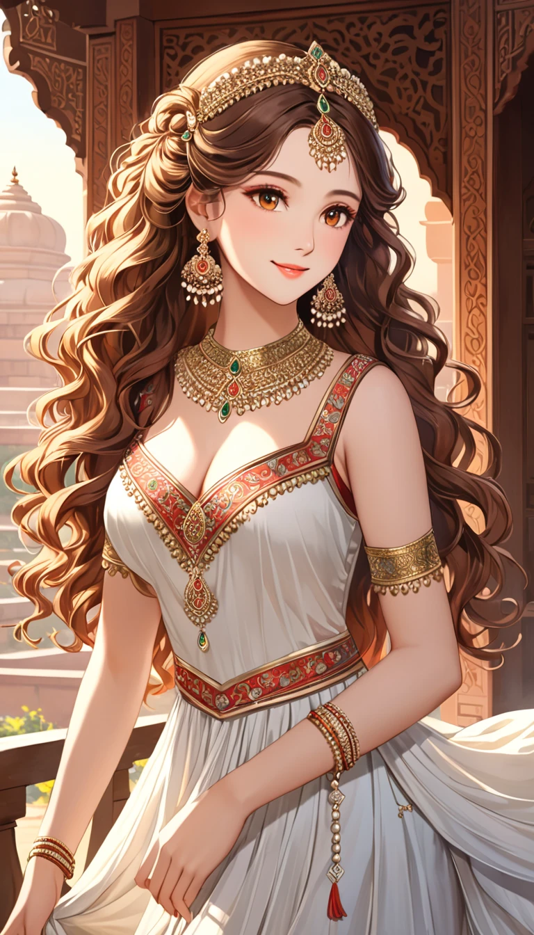 Highest quality，masterpiece，one，16 years old，Long flaxen hair，Jewelry，Hair is slightly curly，Brown curly hair，Intricate dress long dress，Exquisite hair carving，Almond Eyes，Exquisite facial features，India，classical，noble，romantic，Delicate，gentle，Smile，Holiness，Sunlight，warmth，White skin，Shari，Sense of Brokenness，cleavage，Standing，Exquisite clothes，Western Regions，There are many skirt patterns，White and tender skin，Dancer，goddess，Gods，Cinnabar mole，India神话，Hairstyle，scarf,