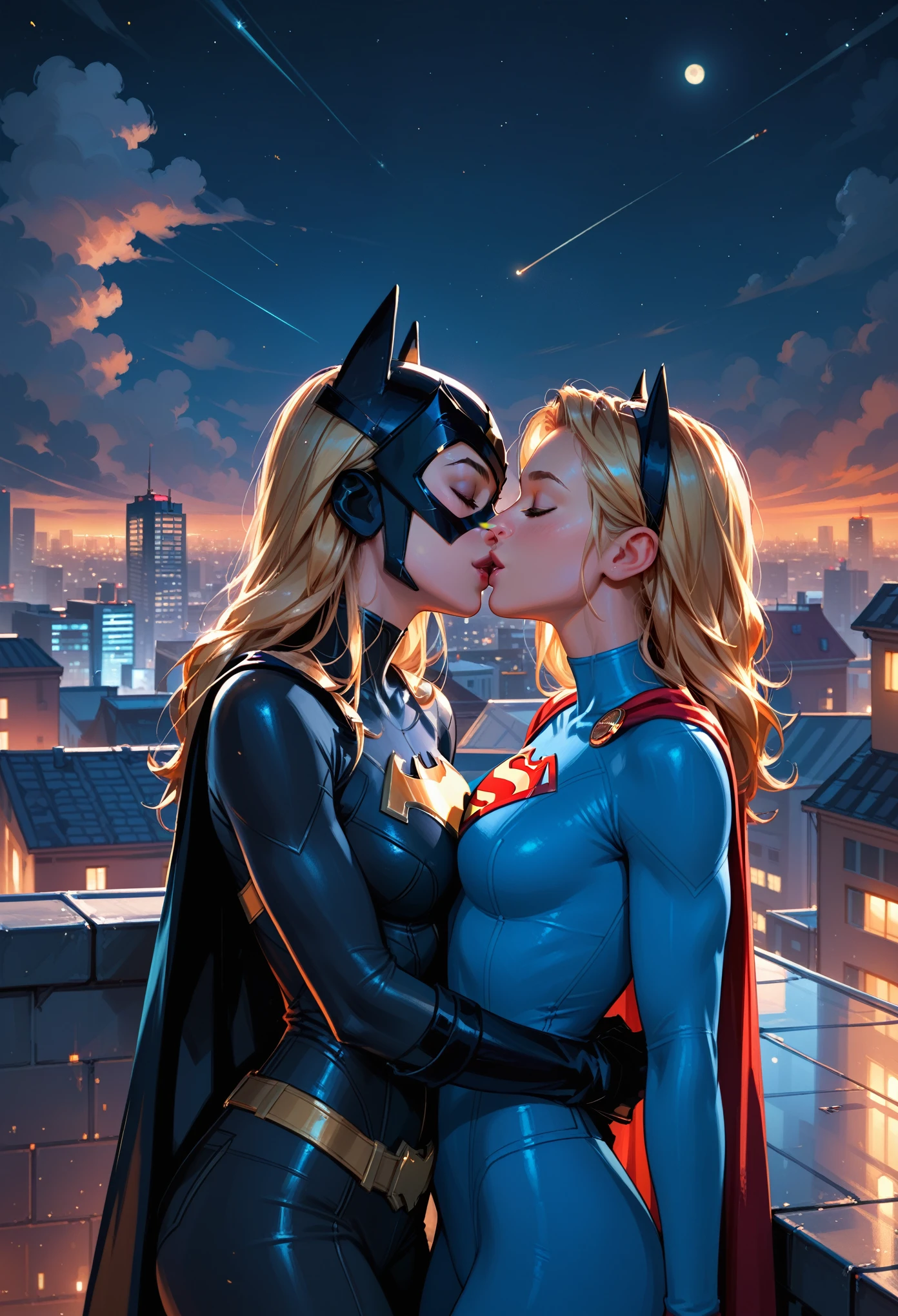 score_9, score_8_up, score_7_up, score_6_up, 2girls, Supergirl and Batgirl, yuri, girlfriends, lovers, kissing, city rooftop, night, cinematic lighting.