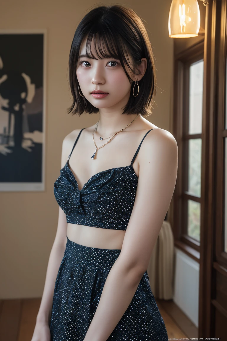 (Highest quality:1.4),(masterpiece:1.4),(Realistic:1.4),(Realistic:1.2),(超High resolution, RAW Photos:1.4),(High resolution, Ultra-detailed:1.2),(8k:1.2),View your viewers,Cinematic photography,One girl,skeletally correct,Black-haired woman,Woman in her early 20s,(Small earrings,necklace,Polka dot tube top dress),(Western-style building interior,Dimly lit room,The lamplight shines on my cheeks)