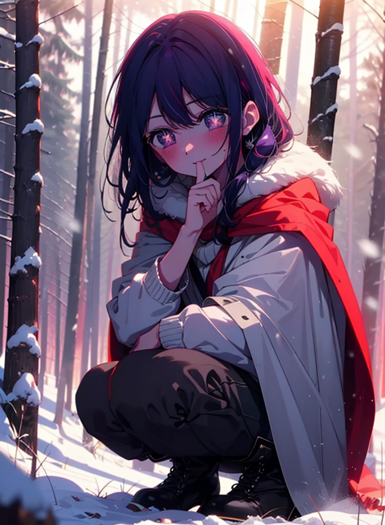 aihoshino, Ai Hoshino, Long Hair, bangs, (Purple eyes:1.1), Purple Hair, (Symbol-shaped pupil:1.5), smile,,smile,blush,white breath,
Open your mouth,snow,Ground bonfire, Outdoor, boots, snowing, From the side, wood, suitcase, Cape, Blurred, , forest, White handbag, nature, Squat, Mouth closed, Cape, winter, Written boundary depth, Black shoes, red Cape break looking at viewer, Upper Body, whole body, break Outdoor, forest, nature, break (masterpiece:1.2), Highest quality, High resolution, unity 8k wallpaper, (shape:0.8), (Beautiful and beautiful eyes:1.6), Highly detailed face, Perfect lighting, Extremely detailed CG, (Perfect hands, Perfect Anatomy),