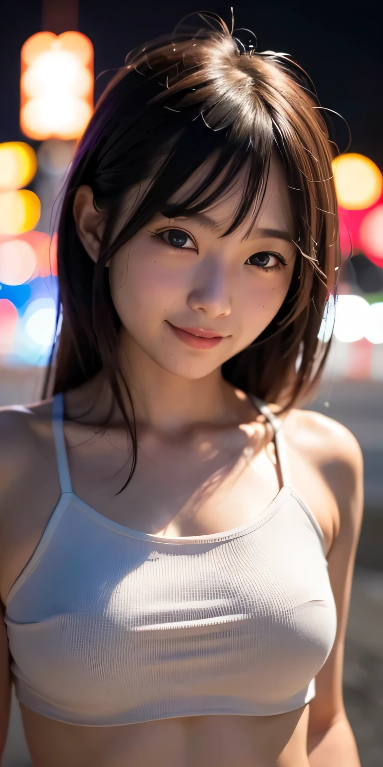 1girl, Tokyo street,night, cityscape,city lights,upper body,close-up,smile,, (8k, RAW photo, best quality, masterpiece:1.2),(realistic, photo-realistic:1.37),