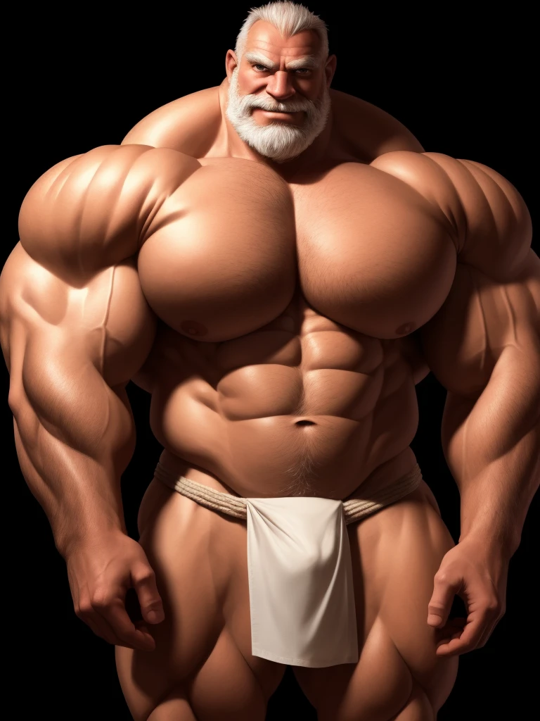 1boy, 1man, solo, (topless, white fundoshi), scary face, well-muscled old man, bearded, dark forest. ((extremely huge muscular, massive muscular, extremely muscle size, super thick arms, huge pec, hyper pec, bigger chest, extremely wide pectoral , huge arms)), wide smiling. Add textures and details to make the image more realistic, such as the appearance of the. Make sure the resulting image is high resolution, 8K quality