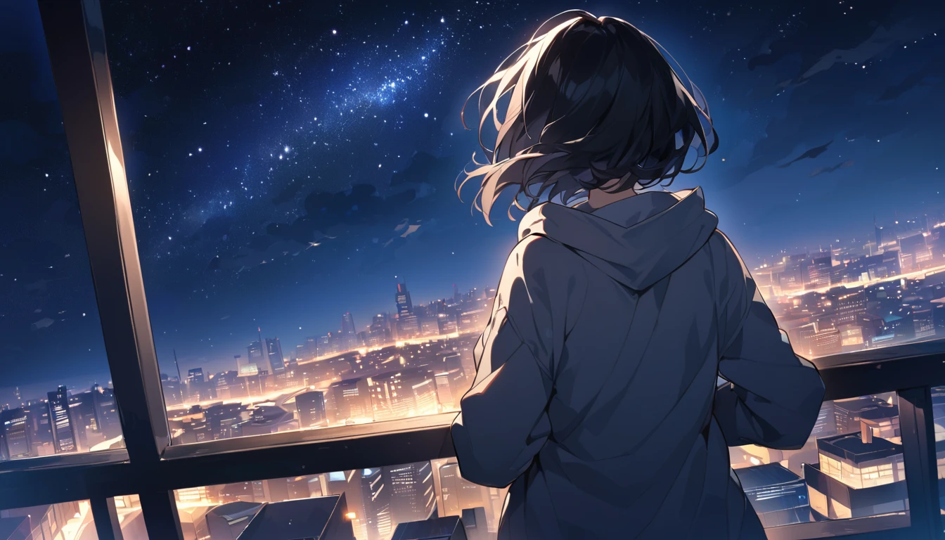 Starry Sky、Night view、City、A woman at the center、Black Hair、Short Hair、Hair blowing in the wind、Wearing a hoodie、Back view、Full body portrait、Overlooking the city from the balcony、Angle viewed from below