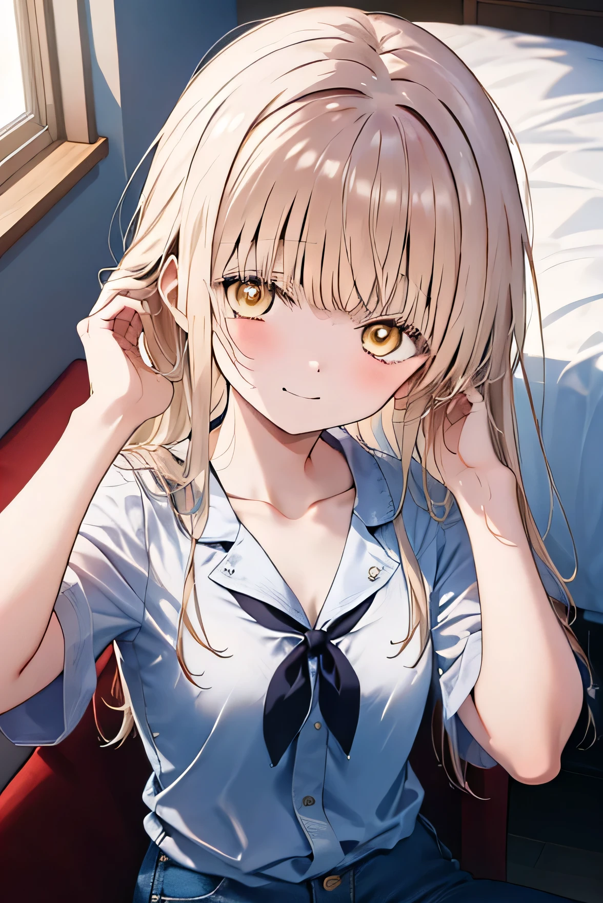 Masterpiece, anime coloring, ultra-detail, 8k, bionde, Loungewear, jeans, from above、upper body、light smile、shy、detailed eyes、Long Hair,Yellow Eyes、Are standing、Chewing hair elastic、Raise your hand to tie your hair、Bedroom