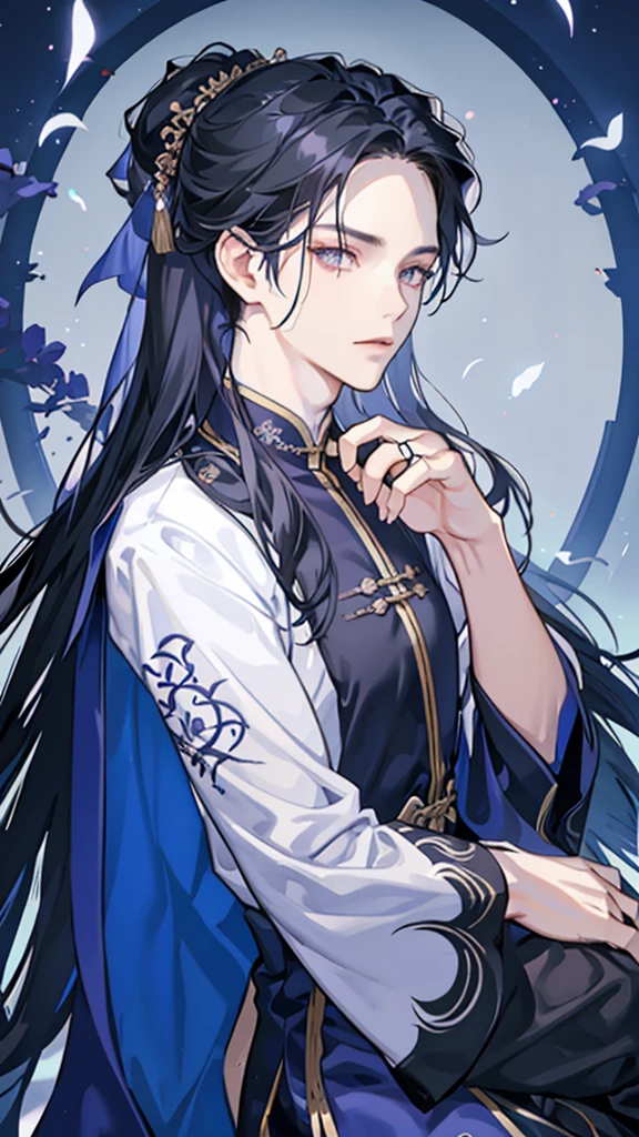 Alone，dark blue long hair，hair loose，male，romantic，Dark purple to black Chinese clothes，Staggered collars，Clothes slightly open，gentle，Tolerance，Lazy，No hair tied，Medium distribution type