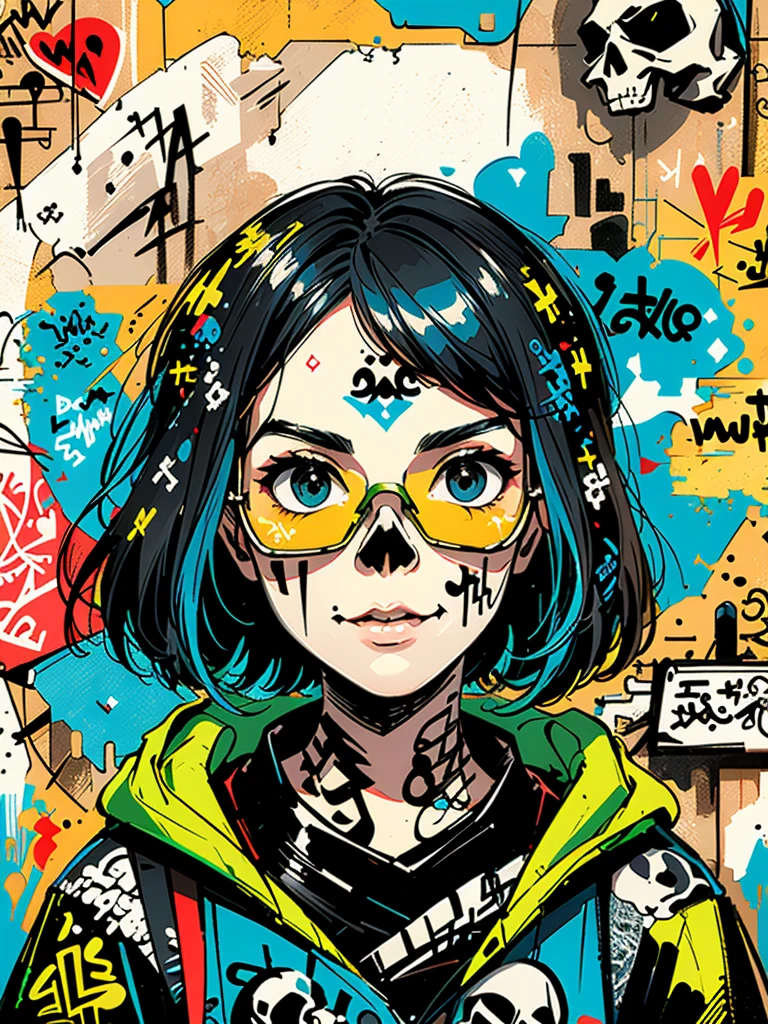 8K resolution、((highest quality))、((masterpiece))、((Super detailed))、1 female、alone、incredibly absurd、 (((most beautiful girl ever))), (((Stylish sunglasses))), lips in love, stylish bandana,short cut hair、small breasts, (((skull graffiti art wall))), colorful hair, provocative