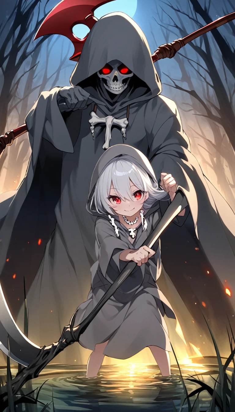 White Hair、Eye-hiding hair、smile、Red eyes、wear a gray hood、Bone Necklace、gray robe、Grim Reaper holding his scythe in both hands、Weapon-holding pose、Late night swamp