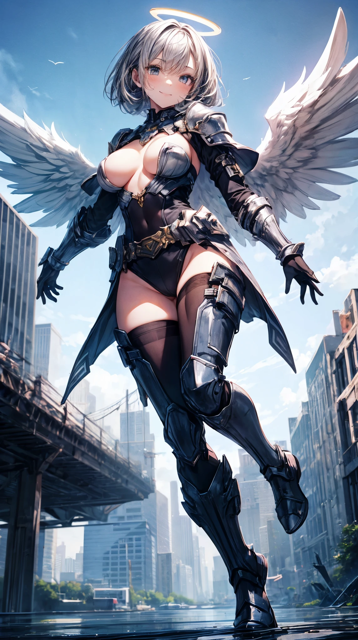 fantasy, 1angel_girl,(young_:1.5), ,brown_hair, medium_bob_hair, long_bangs, halo,bare_shoulder,thighhighs,silver_armor, waist_armor, large_breasts,1pair_wings, dynamic_pose_fighting,floating, bare_crotch, headgear,gauntlet, greaves,city_landscape_background,slightly_spread_legs, solo, groin_naked,smile
