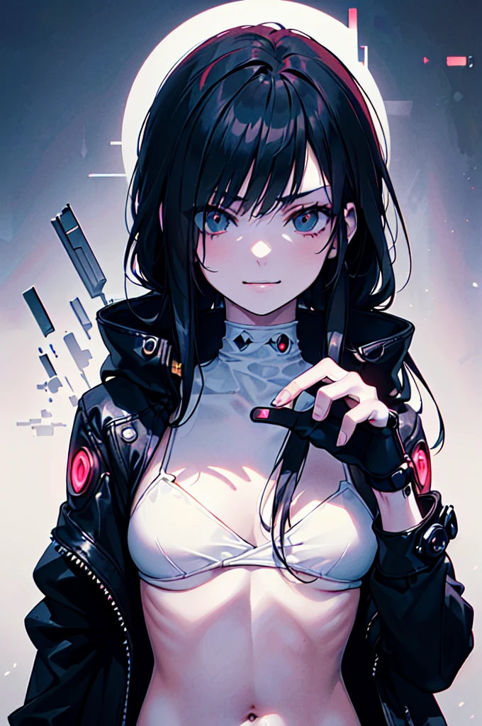 (((masterpiece, Highest quality, 1girl, Beautiful attention to detail:1.6, Upper Body, Anatomically correct, flat lighting, cyberpunk, Long Hair, natural fingers))), v shaped eyebrows, empty eyes, coat, Showing your belly button, smirk, black hair, sort cut, gray background