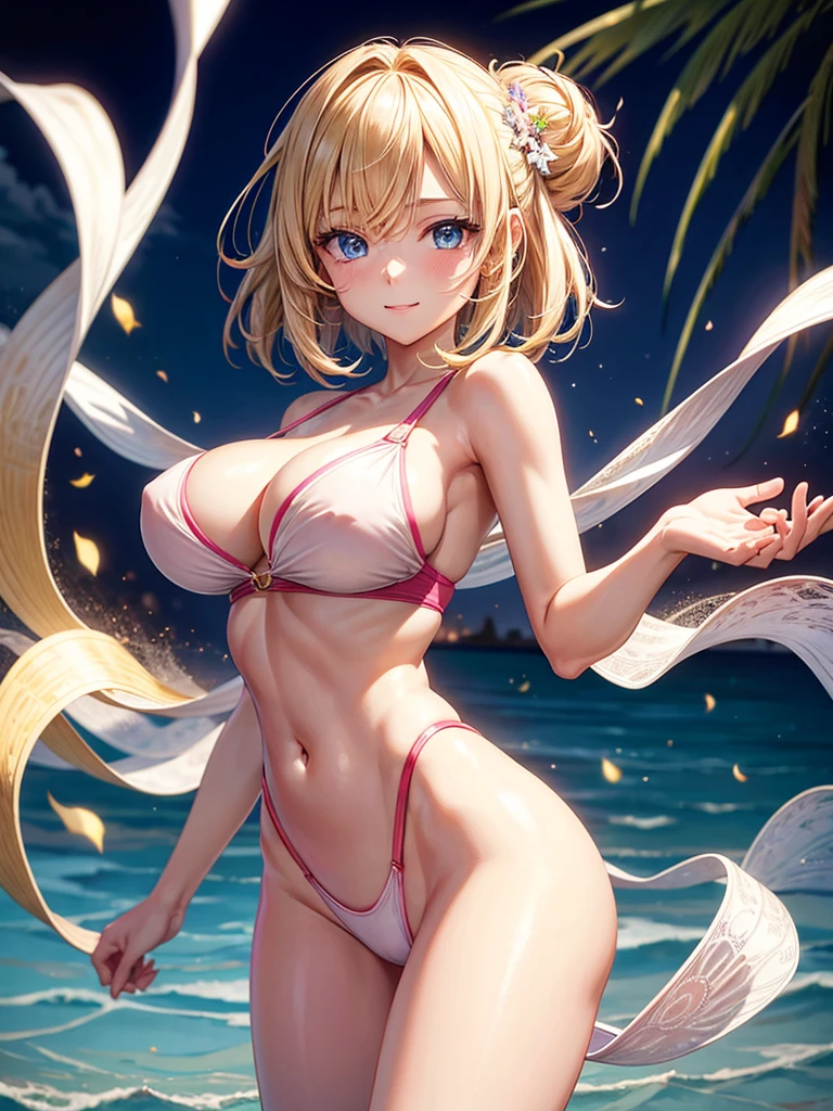 Anime style, super fine illustration, highly detailed, beautiful detailed, pale tone image, simple & static image, secy posing Portrait, static representation, gentle expression, 8k, angle from behind, pretty 1girl with blonde straight short hair & blue eyes & a bright smile & huge breasts & slim waist & wide hips & pink nipples & soft fair skin is wearing the swimsuit on the caribbean beach, brilliant particles of lights, romantic stories, solo, perfect 5fingers, perfect arms, perfect legs, masterpiece.