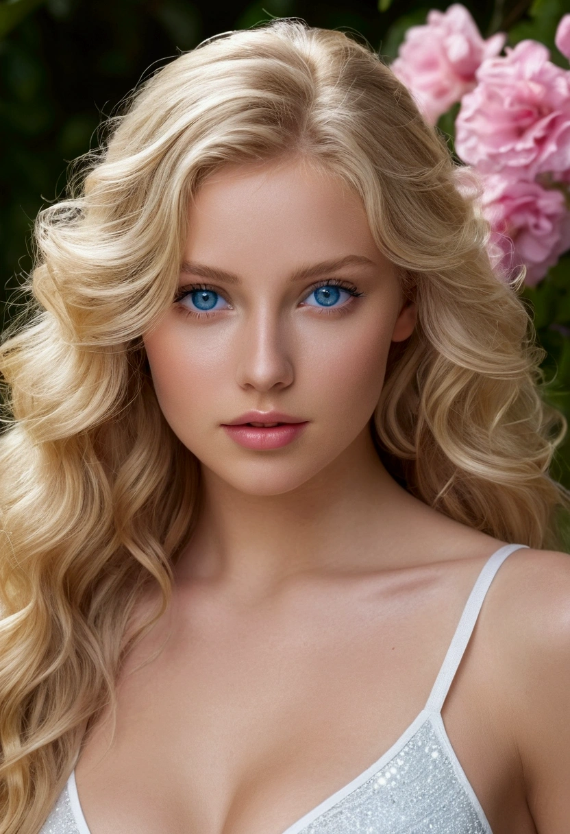 A stunning woman with long wavy blonde hair, big perky breasts, she must have seductive look. She has captivating, detailed blue eyes, long and sexy legs, wearing a white translucent top, with detailed facial features and skin. She must be 19 years old. She has lightly tanned skin with a realistic texture., extreme skin details (pores: 0.14, and it is a masterpiece of the highest quality. The image is photo realistic, hyperrealisti, e altamente detalhado, in 8K resolution with HDR. The color palette is muted (soft colour: 1.2) with a slight depth of field, wide lighting, hight contrast, retro lighting, flower effect, light sparkles, Chromatic aberration, sharp focus, and a RAW color photo.