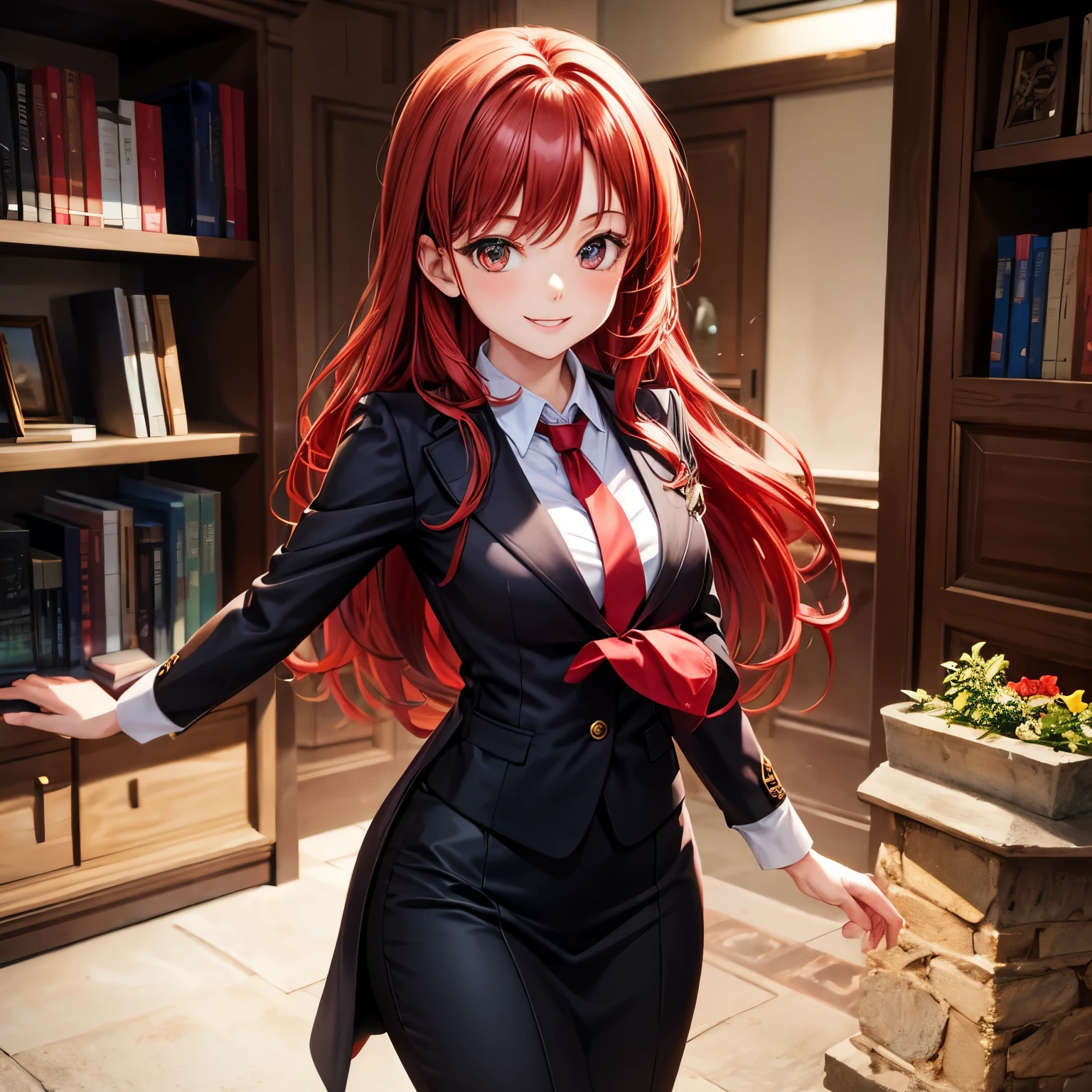 (high quality:1.2), intricate detailed, digital art, TakashiroHiroko, 1girl, mature female, solo, hand on hip, holding book, cowboy shot, looking at viewer, smile, blush, purple eyes, long hair, red hair, earrings, jewelry, teacher, blouse, bowtie, blazer, pencil skirt, thighhighs, curvy, large breasts, school, window, sky, sunlight, city, complex background, sunset,