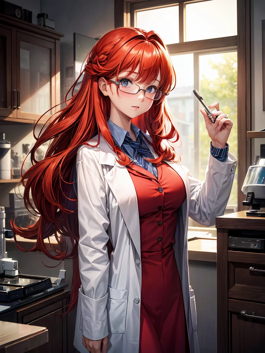 (high resolution) , (best qualityer),(4 k image),(detailedeyes),. 1 girl, big red hair,smallbreast, dressed as a scientist with scientist clothes on everything scientistsbrsnco and scientists glasses.
