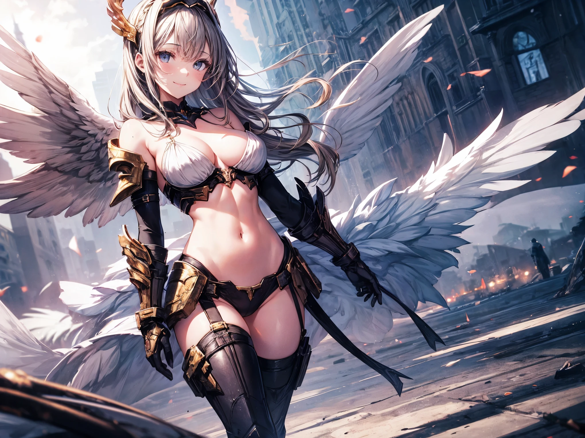 fantasy, 1angel_girl,(young_:1.5), ,brown_hair, medium_bob_hair, long_bangs, halo,bare_shoulder,thighhighs,silver_armor, waist_armor, large_breasts,1pair_wings, dynamic_pose_fighting,floating, bare_crotch, headgear,gauntlet, greaves,city_landscape_background,slightly_spread_legs, solo, groin_naked,smile