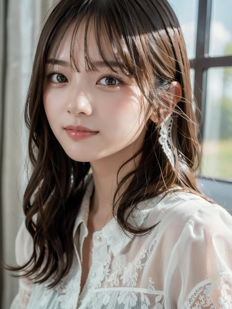 (Highest quality,masterpiece:1.3,超High resolution),(Very detailed,Caustics,8k),(Realistic:1.4,RAW shooting),Super detailed, 超High resolution, Large file size, Very detailed skin, Very detailed clothing, (photoRealistic:1.2), (Highest quality), (Detailed skin:1.3), (Intricate details), 18-year-old,Japanese,黒いLong Hair,耳前にLong Hair, (Long Hair:1.2), (Wavy Hair:1.2), (鈍いbangs:1.2), Chest-up shot,Ultra high definition 8K,Highest quality,Very detailedな,masterpiece,Realistic,Rich details,Photographic realism,Very detailedな環境,Very detailedな照明,Very detailedな詳細,,Detailed skinの質感,tered under the surface,(blush:0.5),Photographic works,A slightly sad expression,Beautiful, shining lips, Detailed face、 bangs, Hair between the eyes, (Tangled in lace curtains:1.5),Smiling and looking at the camera,Top view angle,,Natural light, masterpiece, Highest quality, High resolution, ,(Face Focus:1.1),(Face close-up:1.1),Sunset