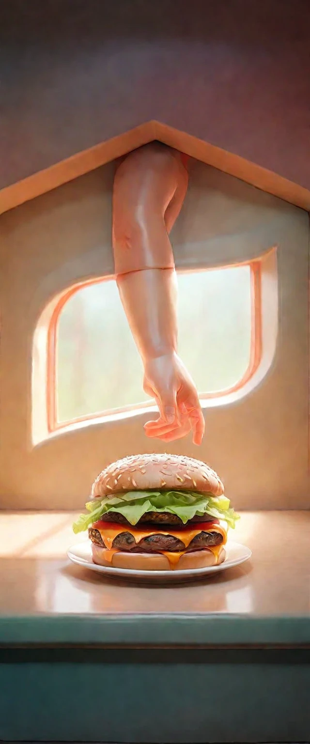 A giant hand reaching through a window to grab an enormous hamburger inside a room. The room is cozy with warm lighting, and the window frames the surreal scene. The hamburger is massive, with layers of juicy patties, fresh lettuce, ripe tomatoes, melted cheese, and a sesame seed bun. The giant hand, detailed with realistic textures and shading, contrasts with the cozy interior, creating a whimsical and fantastical atmosphere