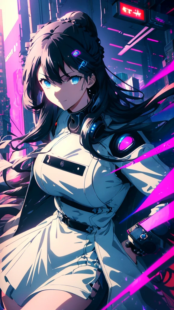 best quality, extremely detailed,anime style 1girl,long hair down to the waist, straight hair, ((((dark black hair with bluish)))),((crown braid)),ponybun,beautiful detailed eyes, pinched eyes, (dark blue eyes),((huge breasts)),curvy,((((white gorgeous cyberpunk princess dress)))),((((coat)))),Fine decoration,clothing with complex patterns,cyberpunk street,((Detailed background)),((Comfortable posture)),((light smile)),((((Diagonal angle))))