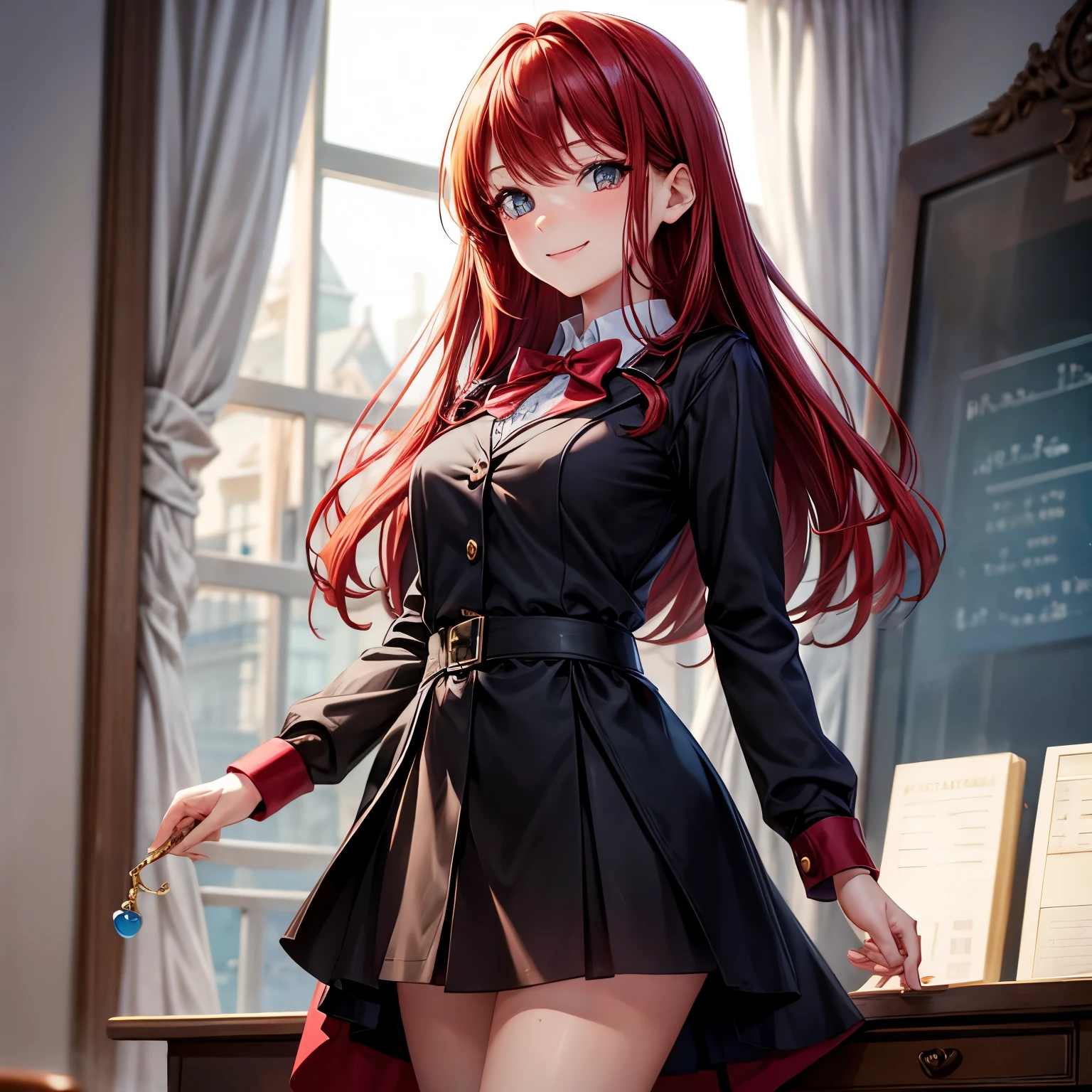 red hair and eyes, Girl, adolescent, Brown eyes , smiling, mysterious, fancy, magic academy, secretary attire