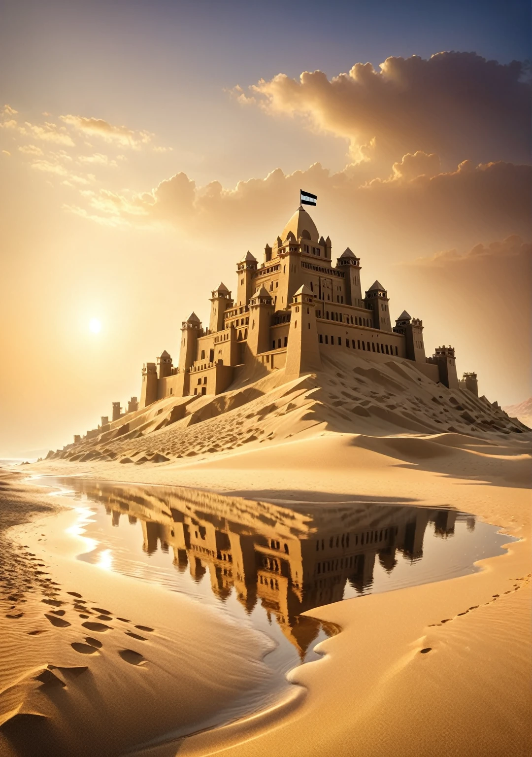 Imagine the setting sun bathing the sandcastle in golden hues, highlighting every intricate detail. The reflections of light dance on the walls, creating a spectacle of colors and shadows that delights the eyes. This castle made of sand appears to come to life in the magical evening light, revealing a masterpiece of art that transcends reality. Describe this scene with a sense of wonder and awe, capturing the essence of the beauty and magic of the Egyptian desert."