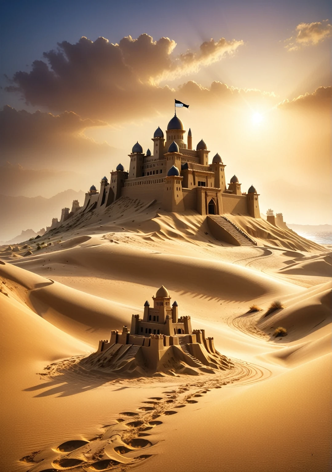 Imagine the setting sun bathing the sandcastle in golden hues, highlighting every intricate detail. The reflections of light dance on the walls, creating a spectacle of colors and shadows that delights the eyes. This castle made of sand appears to come to life in the magical evening light, revealing a masterpiece of art that transcends reality. Describe this scene with a sense of wonder and awe, capturing the essence of the beauty and magic of the Egyptian desert."