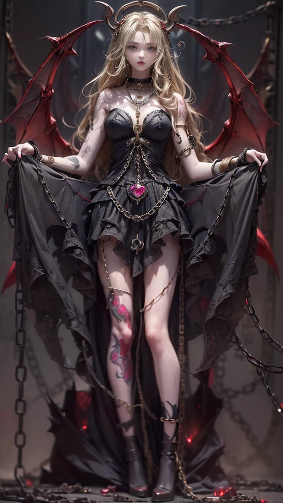(32K:1.9, Dark fantasy:1.4, Highest quality, masterpiece, Ultra-high resolution), Perfect dynamic composition:1.3, Horror Portrait, chaos, Dark castle interior background:1.3, Prisoner, slave, Dark Demon World, Desire to dominate, Desire to monopolize, Satanic, (Detailed tattoos on the whole body:1.4, wearing exquisite jewelry:1.4), Very detailedな肌と顔の質感:1.3, Very accurate, Very detailed, (Sexy succubus demon with big wings:1.3, Incredibly slim body:1.3, beautifully、beautiful:1.3), Horn, Fair skin, Sensual posture, Bones piled on the ground, ((Properly dressing badly torn clothing:1.3)), Mid-chest, (Big eyes that exude eroticism:0.4, Feel the intense caress:1.0, Please open your mouth a little, lipstick, Feel the eroticism:0.9, Too sexy:0.9, charm的な:0.9), ((Bloody:1.5, Covered in scars:1.5, Necrosis:1.6, Lots of big chains:1.6, Countless chains tangled in clothes:1.6, Chain your right arm:1.5, Chain the left arm:1.5, The right leg is bound with a shackle and chain:1.5, The left leg is bound with a shackle and chain:1.5)), Super long blonde curly hair, Earrings, necklace, bracelet, romantic, mysterious, elegant, Object of admiration, original, dramatic, artistic, Innovative, charm, Heartful, Fancy, sense of exaltation, Feelings of despair, sense of openness, sense of cleanliness, special, exciting, grotesque, Extreme, Tilt, sense of loss, sorrow, sorrowの表現, ((悪魔のcharm, 女性的なcharm))