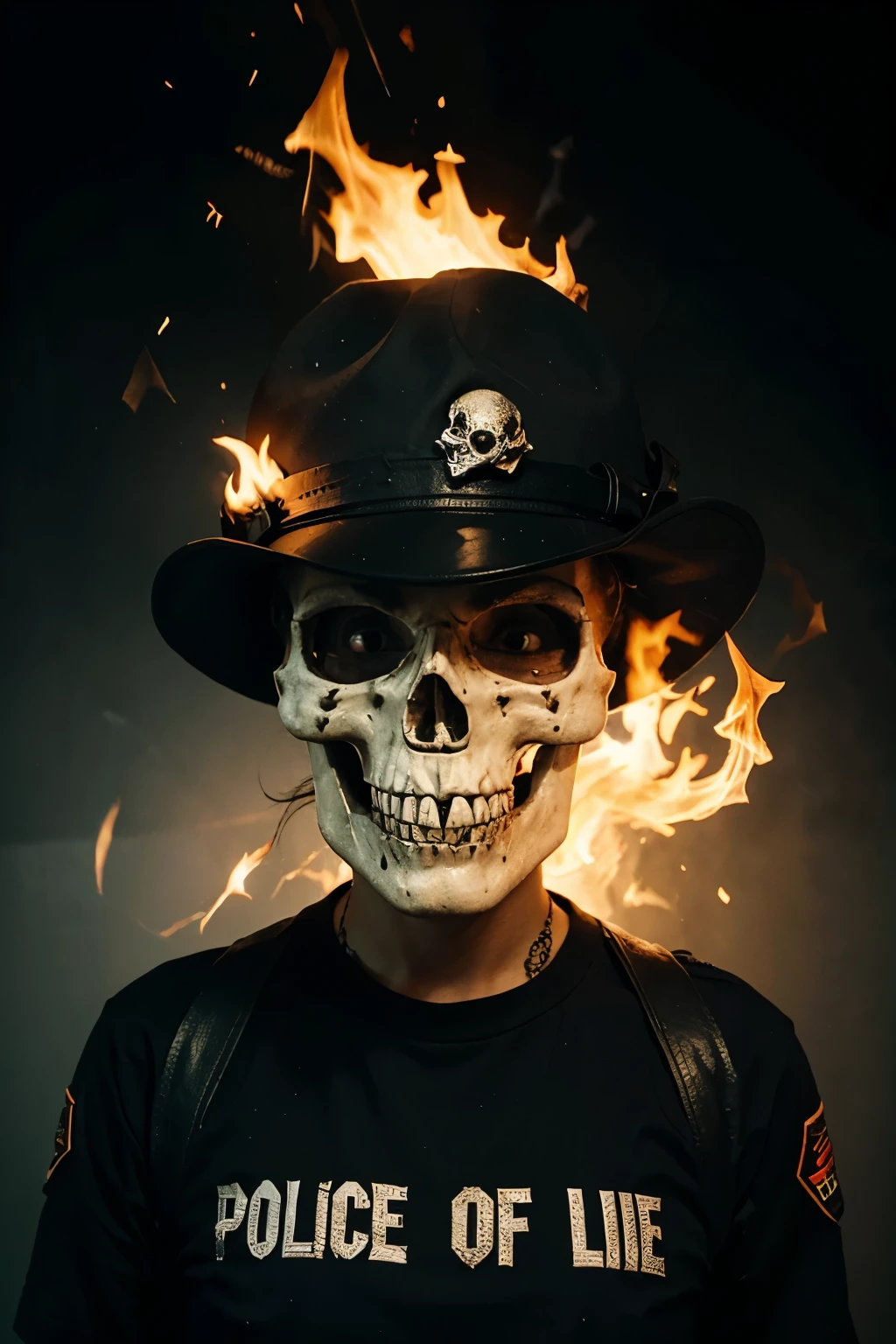 cryptic message "fuck the police" with skull and flame in english