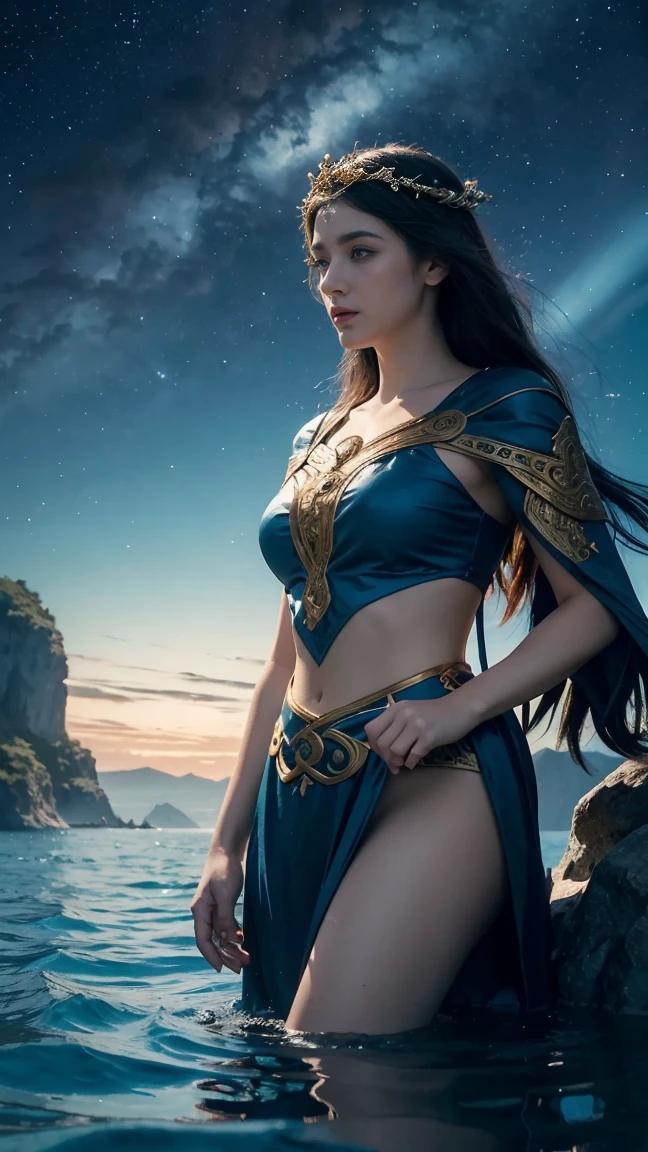 ((high resolution)), pale skin, freckled, brunette 13 year old girl, ((small breasts)), long curly hair, as a fantasy priestess, sun shining behind head