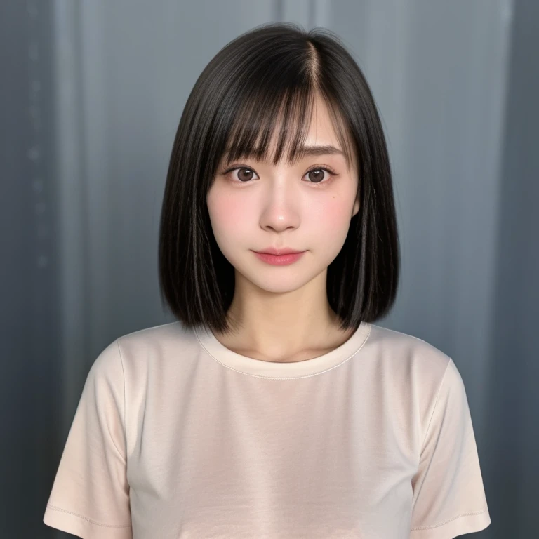 (kawaii 18 year-old Japanese girl, Nogizaka idol, Korean idol, highschool student), healthy female athlete body, (glossy black hair, short hair, pixie cut, bangs:1.3), (rounded face, beautiful black eyes, single eyelid, no makeup, serious expression:1.2), (wearing tight fitted crew neck t-shirt:1.3), extra small breasts, BREAK, (plain gray background:1.2), (id photo, yearbook photo, facing straight at the camera, cowboy shot:1.2), BREAK, (masterpiece, best quality, photo realistic, official art:1.4), (UHD, 8K quality wallpaper, high resolution, raw photo, golden ratio:1.3), (shiny skin), professional lighting, physically based rendering, award winning, (highly detailed skin, extremely detailed face and eyes), Carl Zeiss 85 mm F/1.4, depth of field, 1girl, solo,